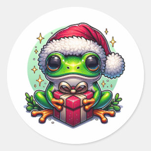 Merry Christmas Holiday Frog with Gift Classic Round Sticker