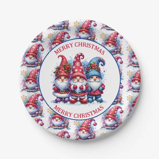 Merry Christmas Holiday Gnomes Paper Plate (Front)
