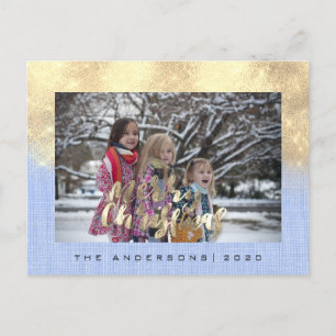 Merry Christmas Holiday Gold Cottage Photo Blue Postcard