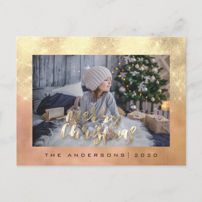 Merry Christmas Holiday Gold Cottage Photo Rose Postcard (Front)