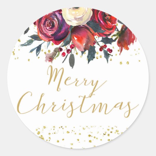 Merry christmas holiday gold script holly floral classic round sticker