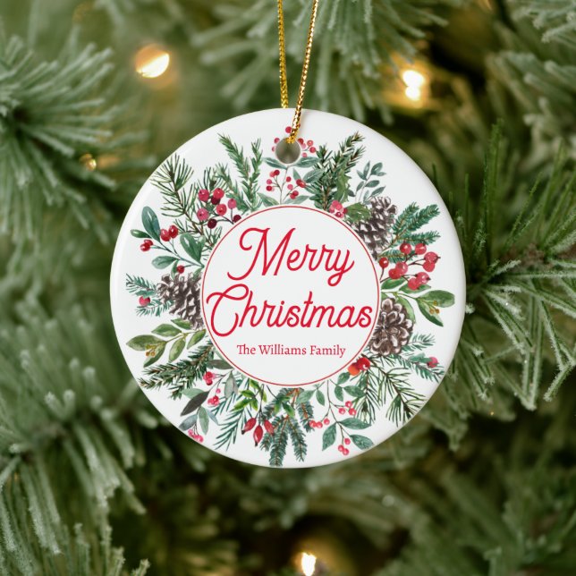 merry christmas  holiday greenery red script  ceramic ornament (Tree)