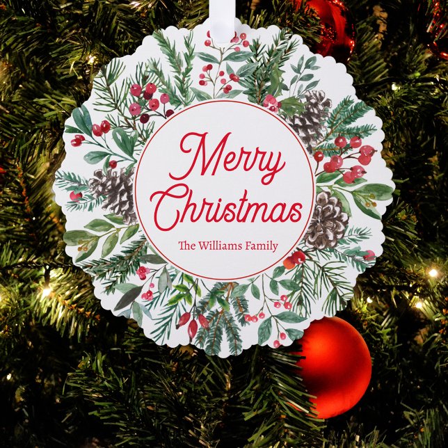 merry christmas  holiday greenery red script chic tree decoration card (Creator Uploaded)