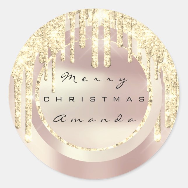 Merry Christmas Holiday Name Faux Gol Rose Glitter Classic Round Sticker (Front)