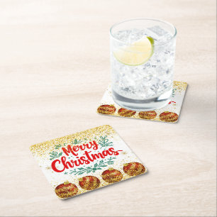 Merry Christmas Holiday Party Glitter Square Paper Coaster