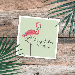 Merry Christmas Holiday Party Lights Pink Flamingo Napkin