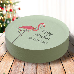 Merry Christmas Holiday Party Lights Pink Flamingo Paper Plate