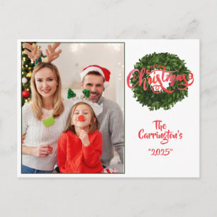 Merry Christmas Holiday Photo Boxwood Wreath Postcard