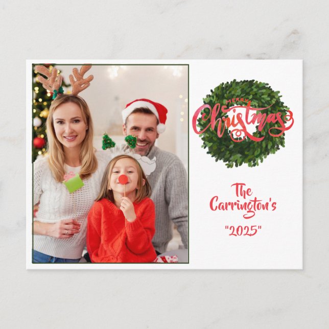 Merry Christmas Holiday Photo Boxwood Wreath Postcard (Front)