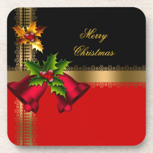 Merry Christmas Holiday Red Bells Black Gold Coaster