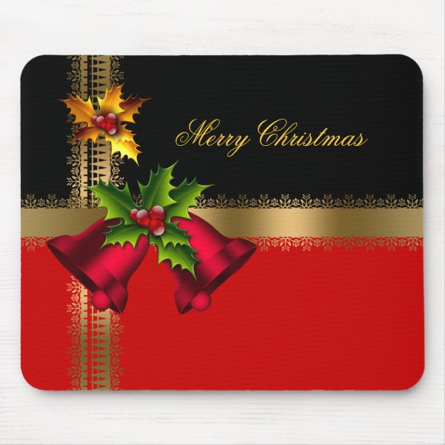 Merry Christmas Holiday Red Bells Black Gold Mouse Pad (Front)