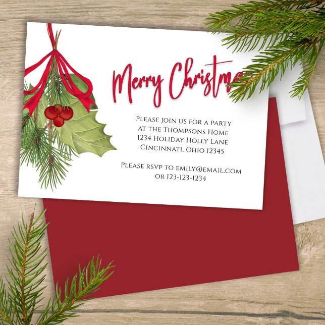 Merry Christmas Holiday Red Calligraphy Script Invitation (Merry Christmas holiday holly berries and greenery party invitation. )