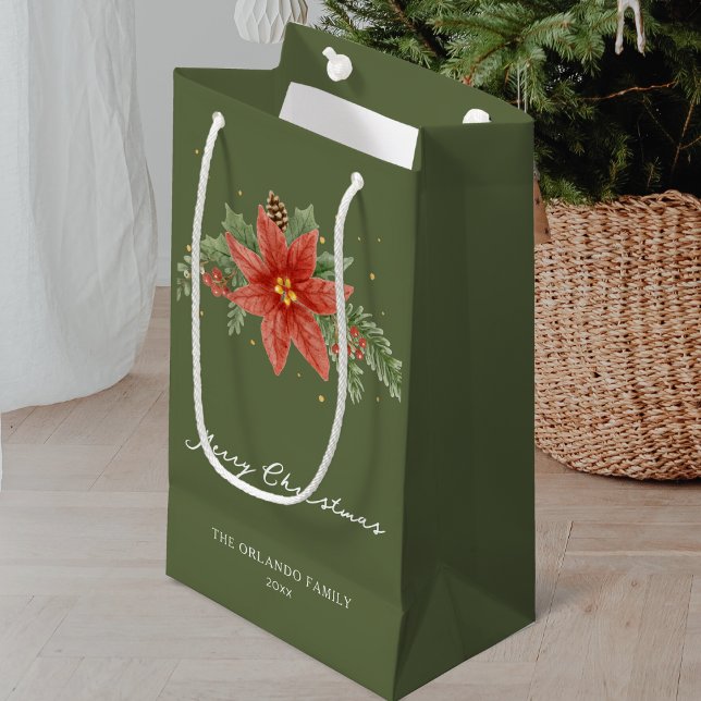 Merry Christmas Holiday Red Poinsettia Green Small Gift Bag (Creator Uploaded)