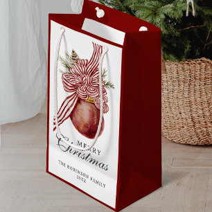 Merry Christmas Holiday Red Striped Ornament Small Gift Bag
