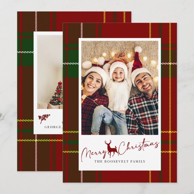 Merry Christmas Holiday Red Tartan Christmas Plaid Card (Front/Back)