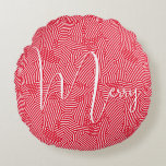 Merry Christmas Holiday Round Cushion<br><div class="desc">Merry in a chic white script on a pattern of white squiggles and dots,  this round red pillow is perfect to decorate your home for the holidays. MATCHING items in our store.</div>