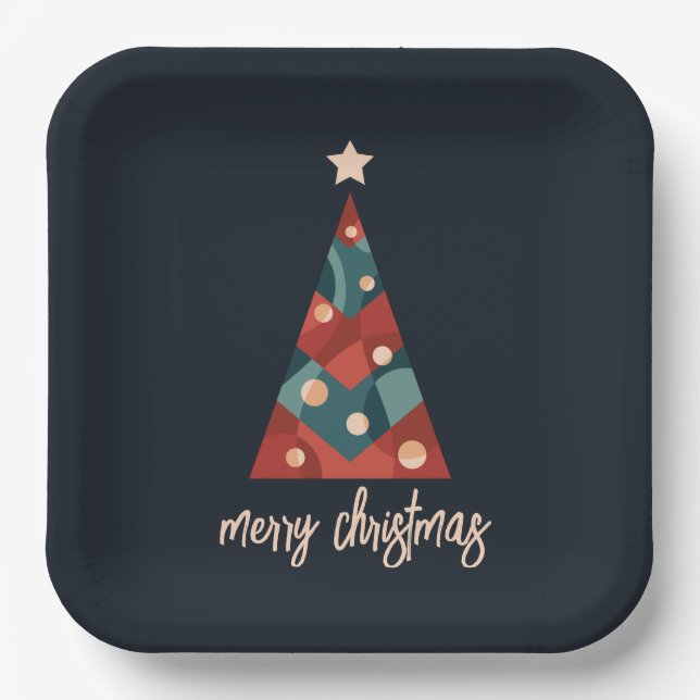 Merry Christmas holiday seasonal art xmas tree  Paper Plate (Front)