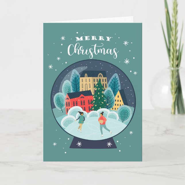 Merry Christmas | Holiday Skaters Snow Globe Card (Front)