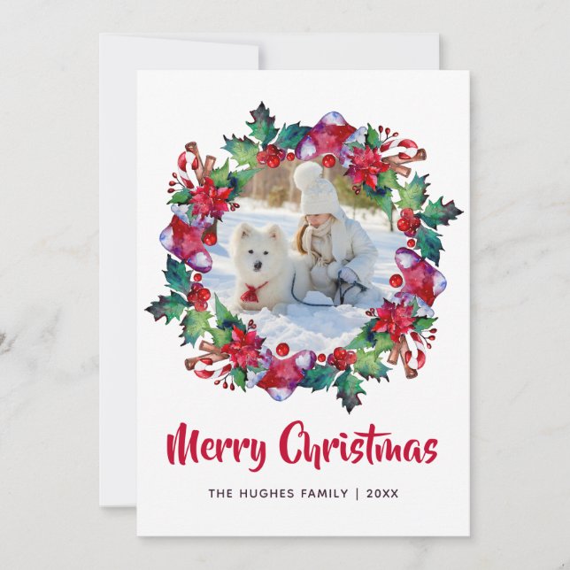 Merry Christmas Holiday Stocking Floral Photo Card (Front)