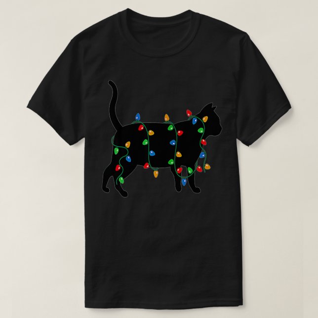 Merry Christmas Holiday Tree Lights Cat Kitty  T-Shirt (Design Front)