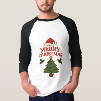 Merry Christmas Holiday Tree & Santa Hat Festive  T-Shirt