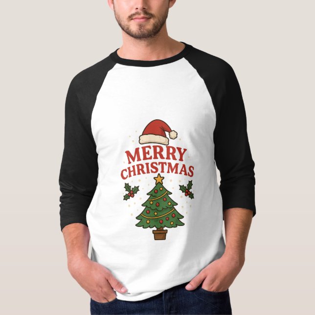 Merry Christmas Holiday Tree & Santa Hat Festive  T-Shirt (Front)