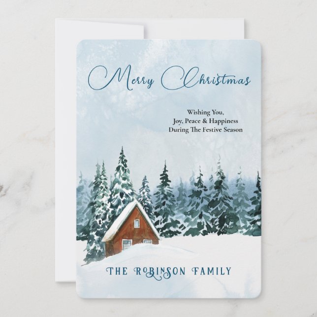 Merry Christmas Holiday Watercolor Winter Scape Card (Front)