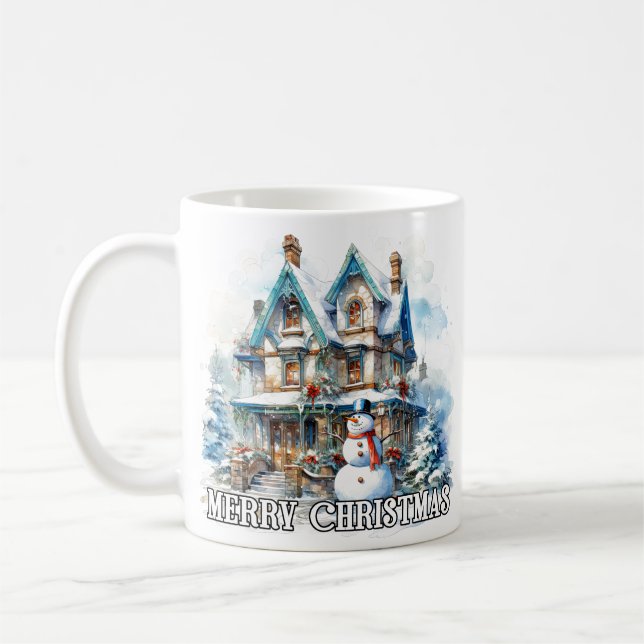 Merry Christmas Holiday Winter Snowman Coffee Mug (Left)