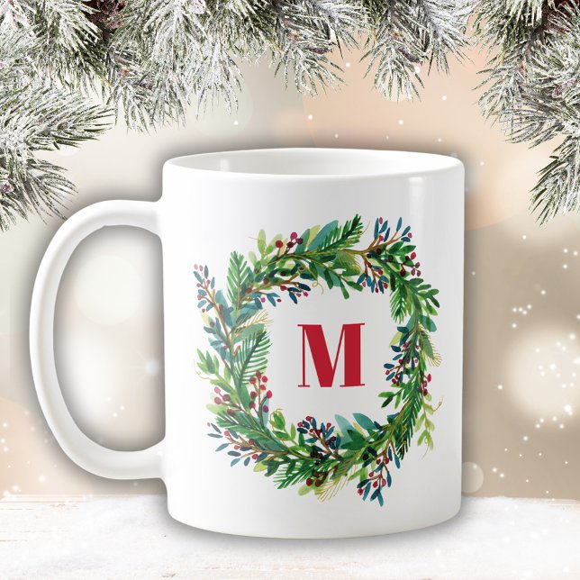 Merry Christmas Holiday Wreath Monogram Initial Coffee Mug (Watercolor Christmas Wreath with monogram/initial. Perfect for Holiday season this winter)