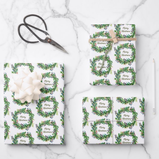 Merry Christmas Holiday Wreath Wrapping Paper Sheet (Front)
