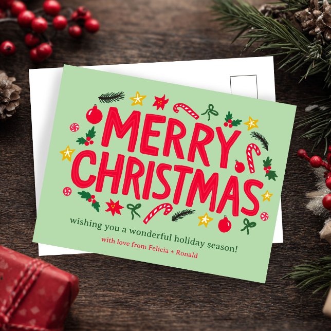 MERRY CHRISTMAS Holiday Xmas CUSTOM Postcard (MERRY CHRISTMAS Holiday Xmas CUSTOM Doodle Whimsical Green Red Postcard
)