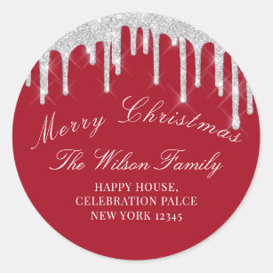 Merry Christmas Holidays RSVP Classy Red Silver Classic Round Sticker