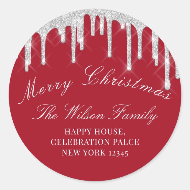 Merry Christmas Holidays RSVP Classy Red Silver Classic Round Sticker (Front)