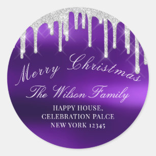 Merry Christmas Holidays RSVP Purple Classy Silver Classic Round Sticker