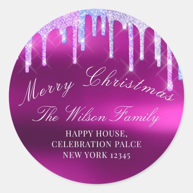Merry Christmas Holidays RSVP Purple Pink Drips Classic Round Sticker (Front)