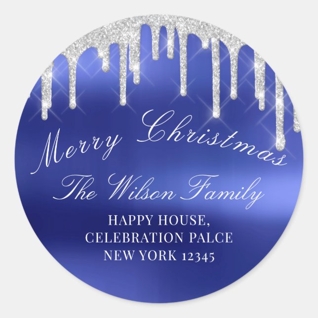 Merry Christmas Holidays RSVP Silver Royal Blue Classic Round Sticker (Front)