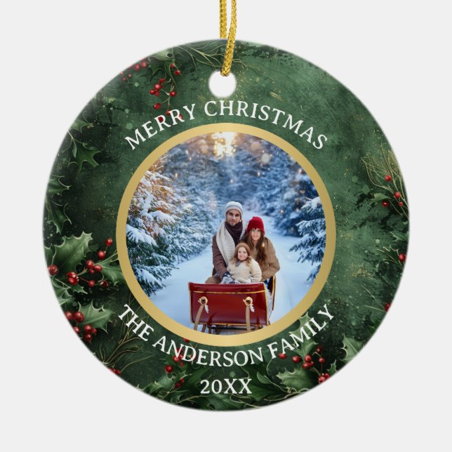 Merry Christmas Holly and Berries Family Ceramic  Ceramic Ornament (Front)
