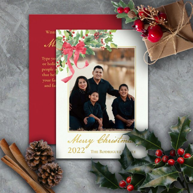 Merry Christmas Holly and Berry Greenery Photo Foi Foil Holiday Card (Creator Uploaded)