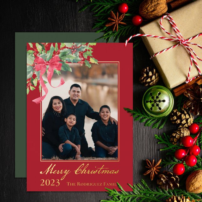 Merry Christmas Holly and Berry Greenery Photo Foil Holiday Card (Celebrate Christmas in classic, elegant style with gold foil one-photo cards)