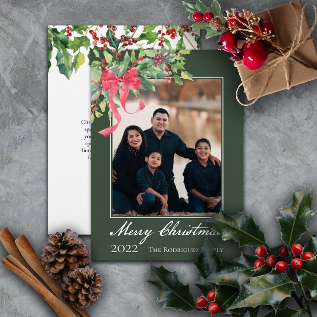 Merry Christmas Holly and Berry Greenery Photo Holiday Card (Creator Uploaded)