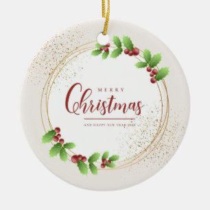 Merry Christmas Holly and Gold Glitter Wreath Ceramic Ornament