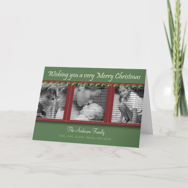Merry Christmas Holly and Ivy Tri-Photo Card (Front)