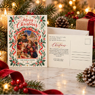Merry Christmas Holly Berries Bow Arch Photo Holiday Postcard