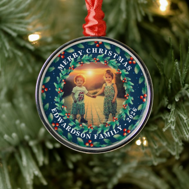 Merry Christmas holly berries family photo Metal Ornament (Tree)