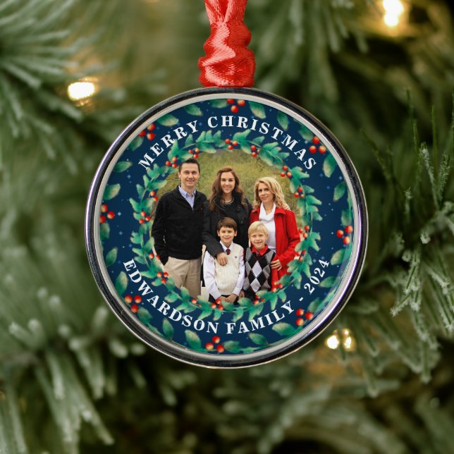 Merry Christmas holly berries family photo Metal Ornament (Tree)
