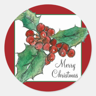 Merry Christmas Holly Berries Plant Botanical Art  Classic Round Sticker