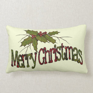 Merry Christmas, Holly, Berries, Twigs: Art Lumbar Cushion