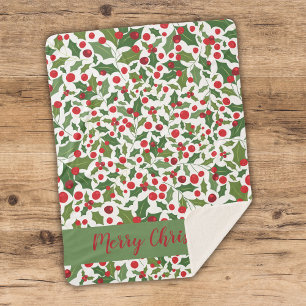 Merry Christmas Holly Berries White Green Pattern Sherpa Blanket
