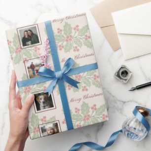 Merry Christmas Holly Berry 8 Photo Collage Wrapping Paper