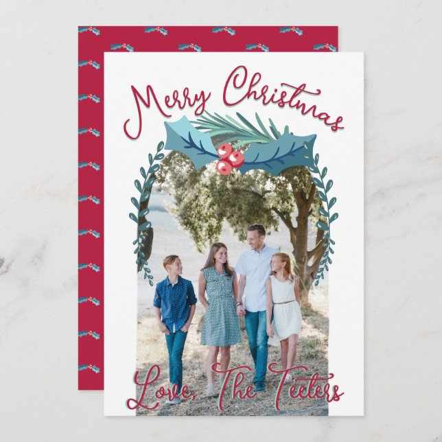 Merry Christmas Holly Berry Custom Photo Arch Holiday Card (Front/Back)